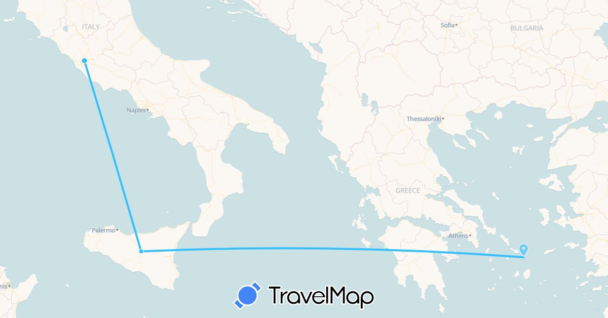 TravelMap itinerary: driving, boat in Greece, Italy (Europe)